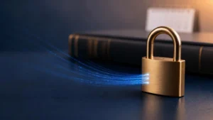 Brass padlock with streams of digital data on a desk, illustrating DPDP Rules 2025 compliance